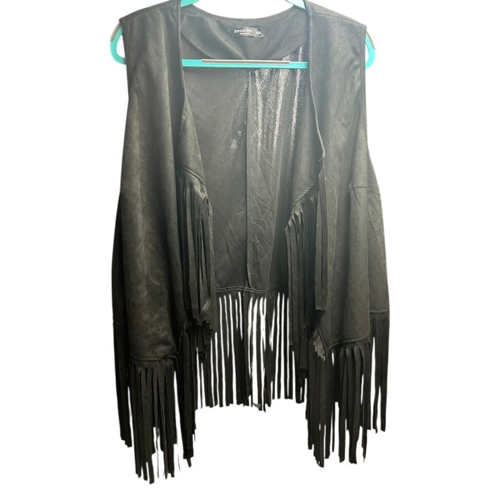 Joress Curve Womens 4XL Black Faux Suede Fringe Vest Open Front Boho Western